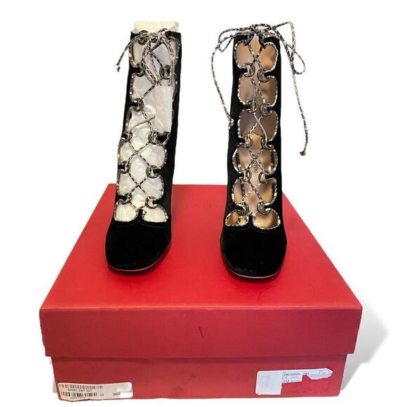 VALENTINO Black Velvet with Snake Skin Trim Lace up Ankle Booties - Picture 3 of 14